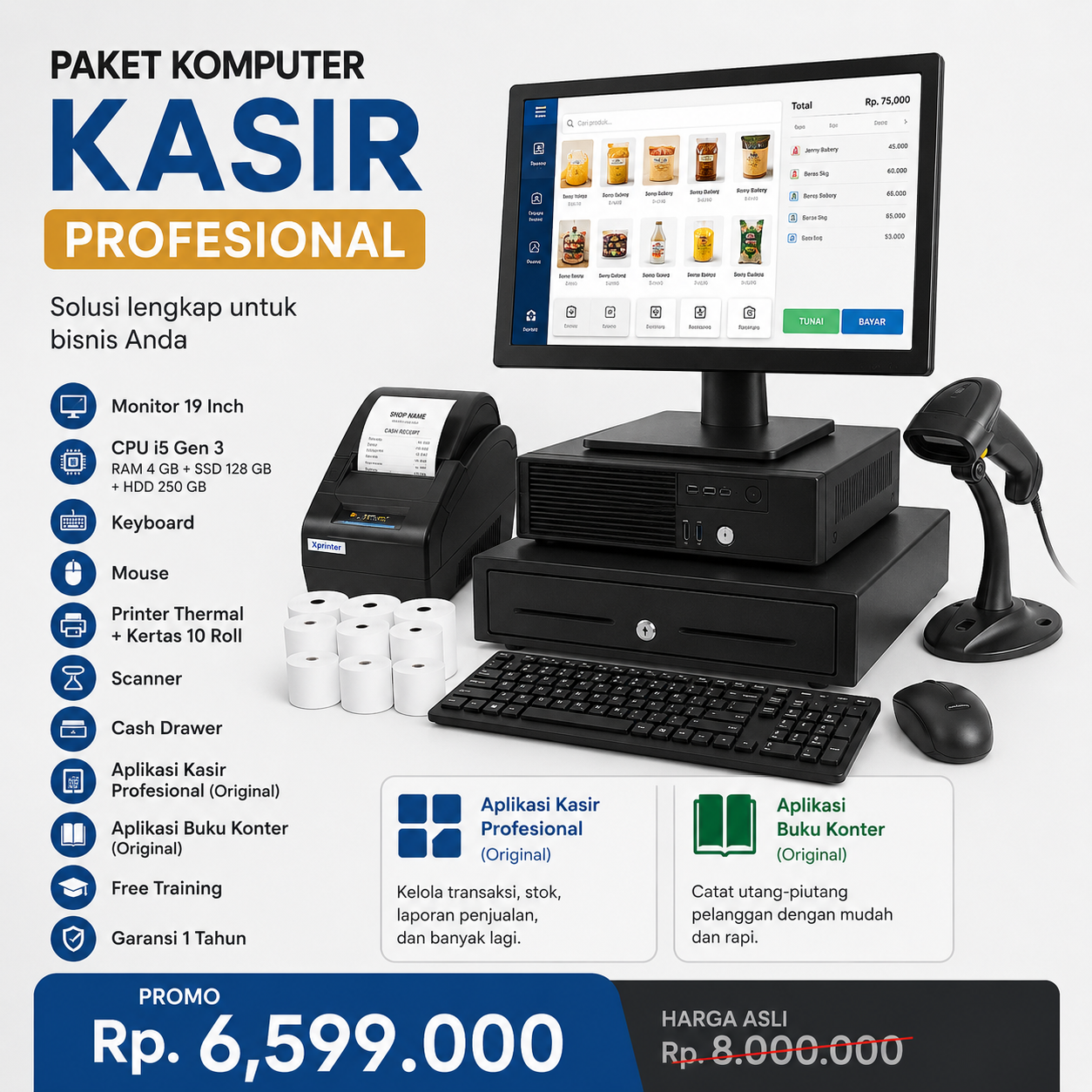 Paket Kasir Profesional Fullset + Aplikasi Original + Training & Garansi 1 Tahun